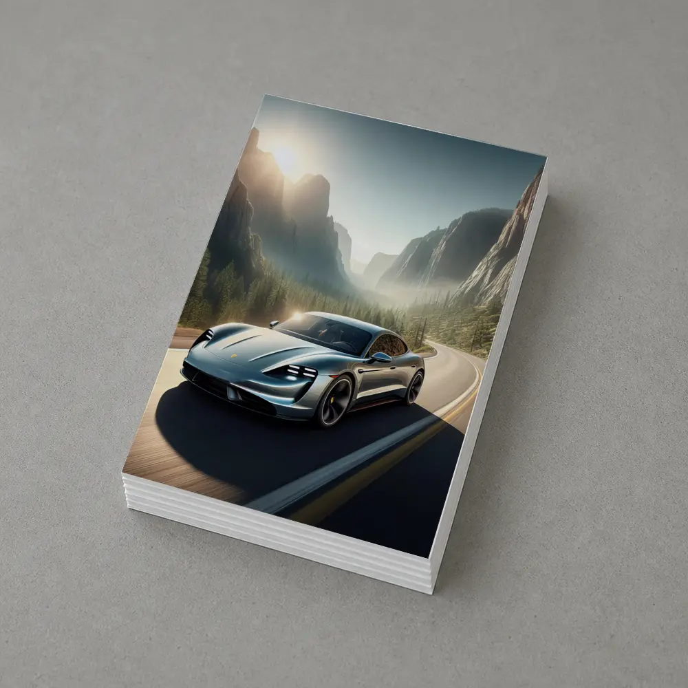 Porsche Taycan Speeding Through Mountain Canyon Road – Postcards
