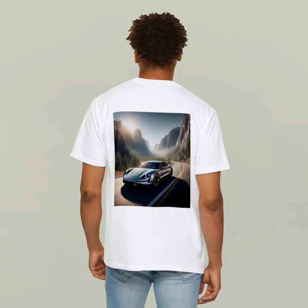 Porsche Taycan Speeding Through Mountain Canyon Road – T-Shirts