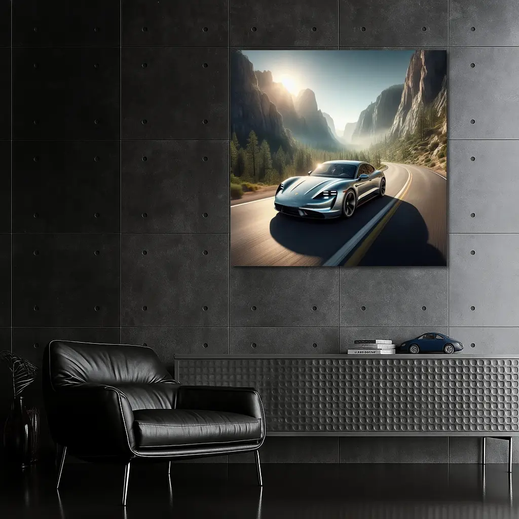 Porsche Taycan Speeding Through Mountain Canyon Road – Wall Art