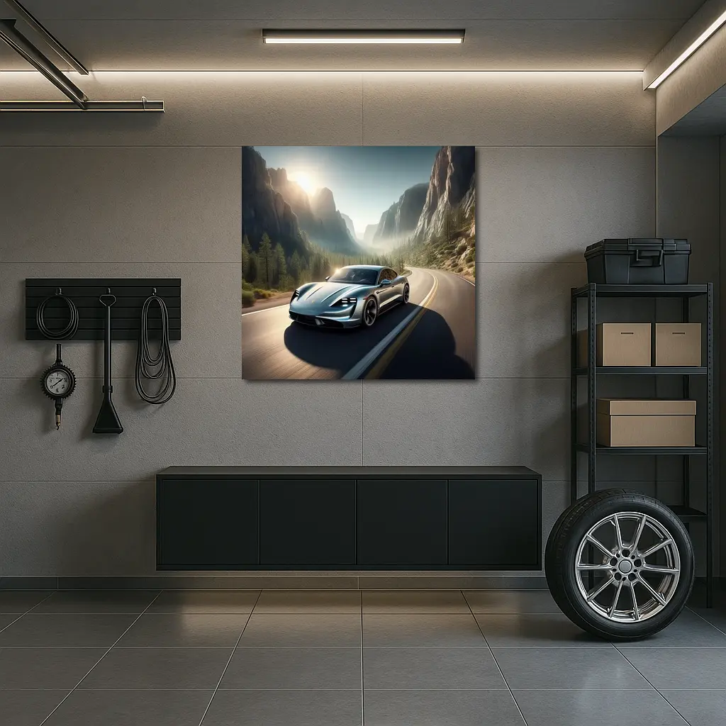 Porsche Taycan Speeding Through Mountain Canyon Road – Wall Art