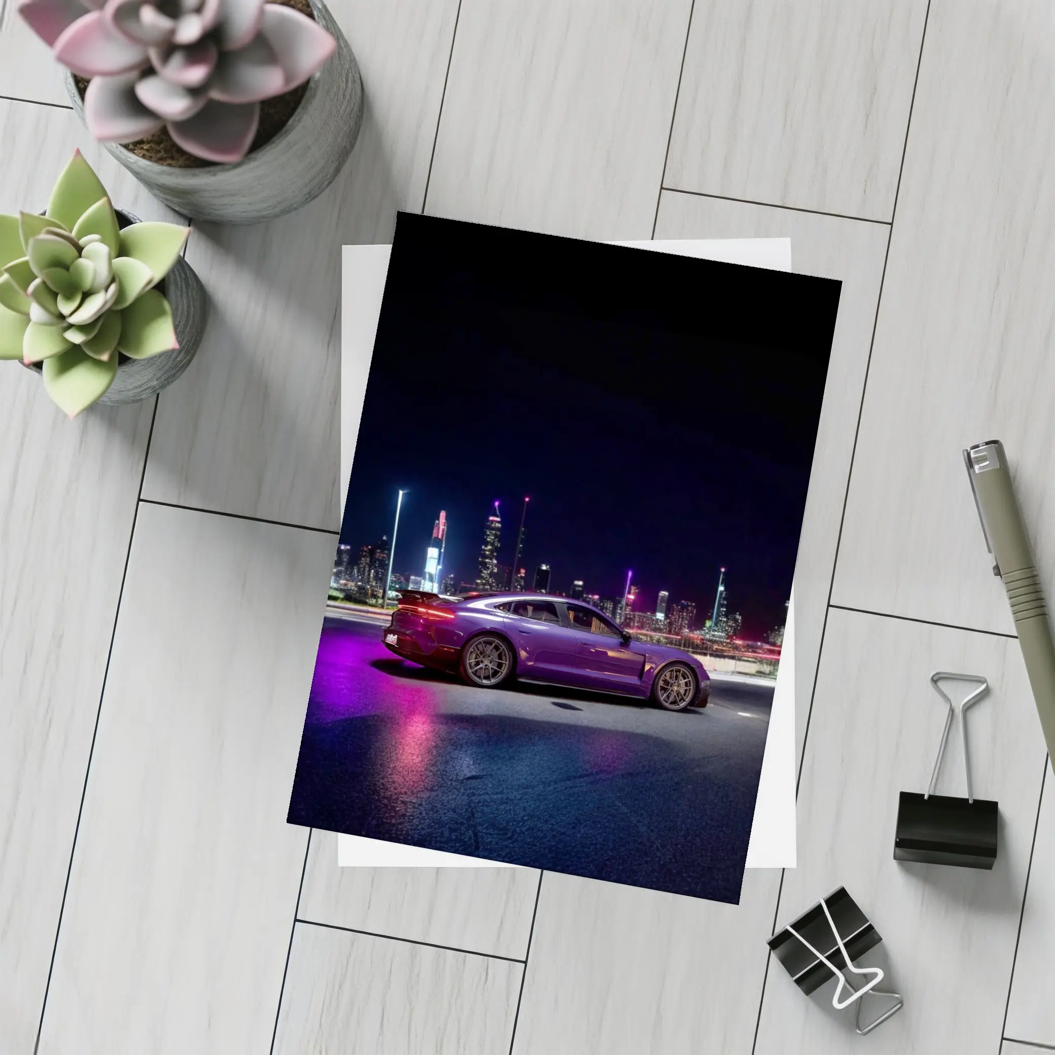 Porsche Taycan Purple Night City Skyline – Postcards