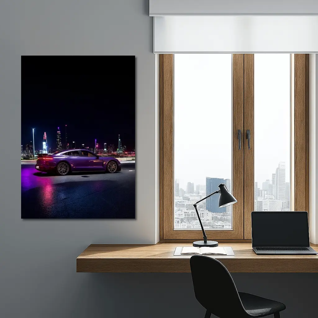 Porsche Taycan Purple Night City Skyline – Wall Art