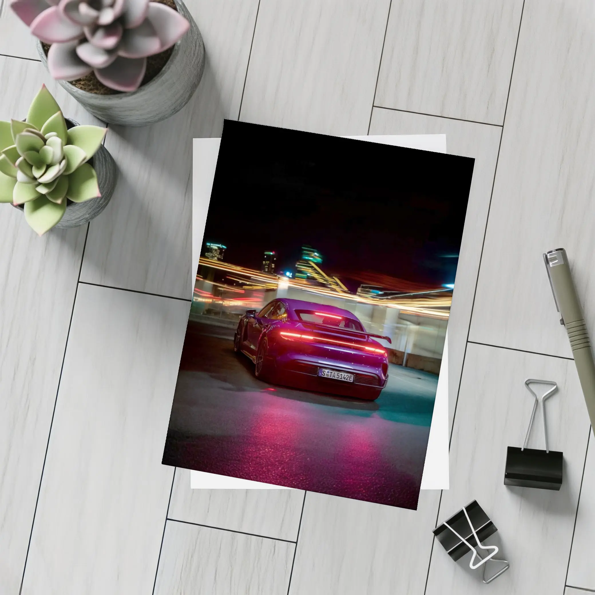 Porsche Taycan Rear Night City Lights – Postcards