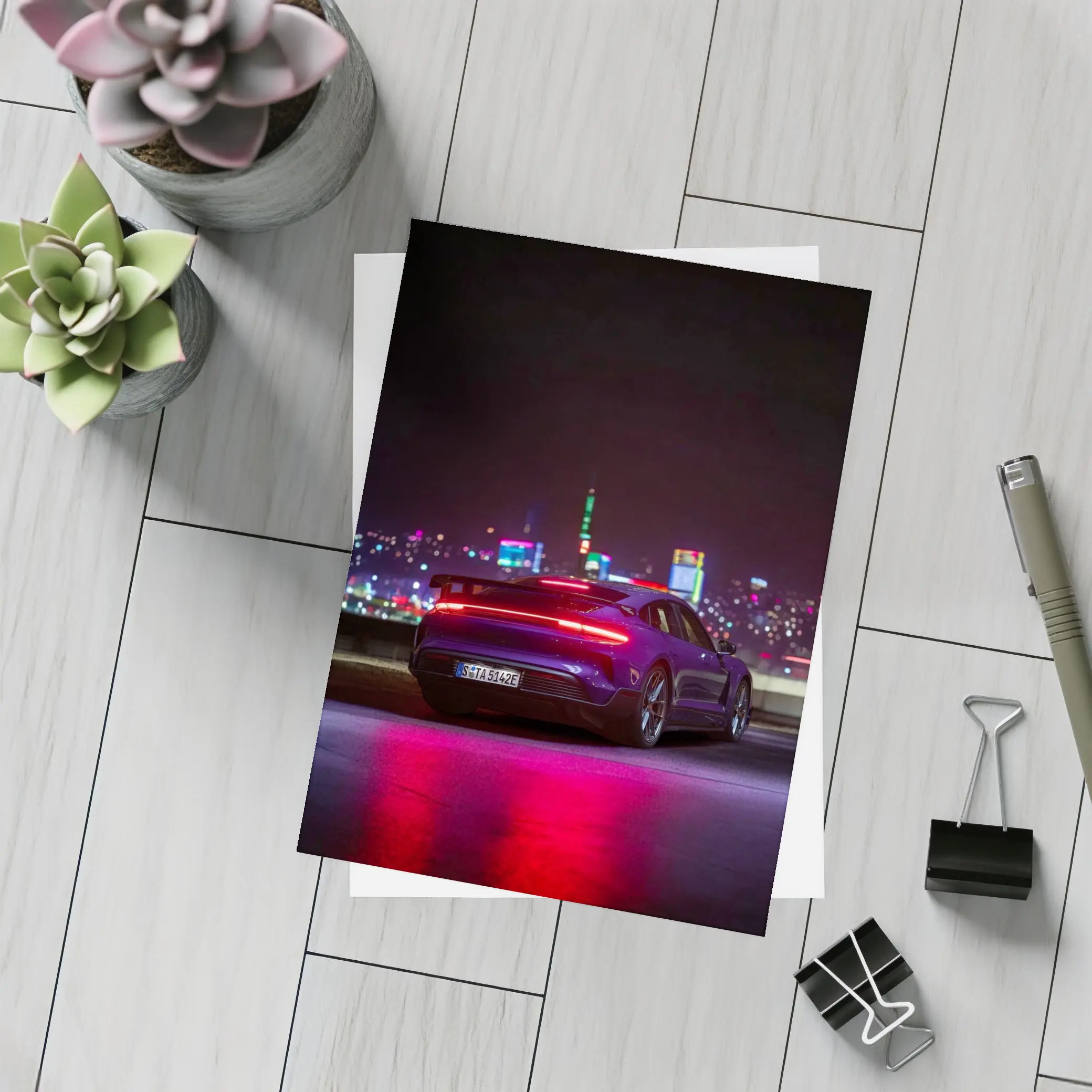 Porsche Taycan Night City Lights Rear View – Postcards