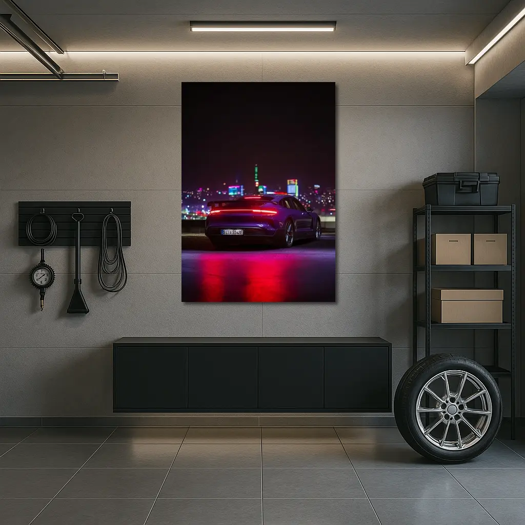 Porsche Taycan Night City Lights Rear View – Wall Art