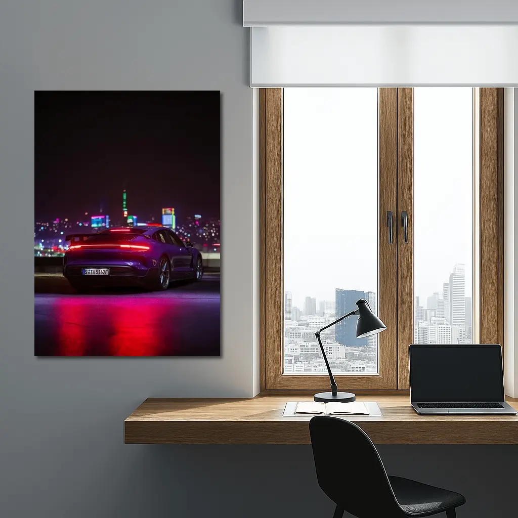 Porsche Taycan Night City Lights Rear View – Wall Art