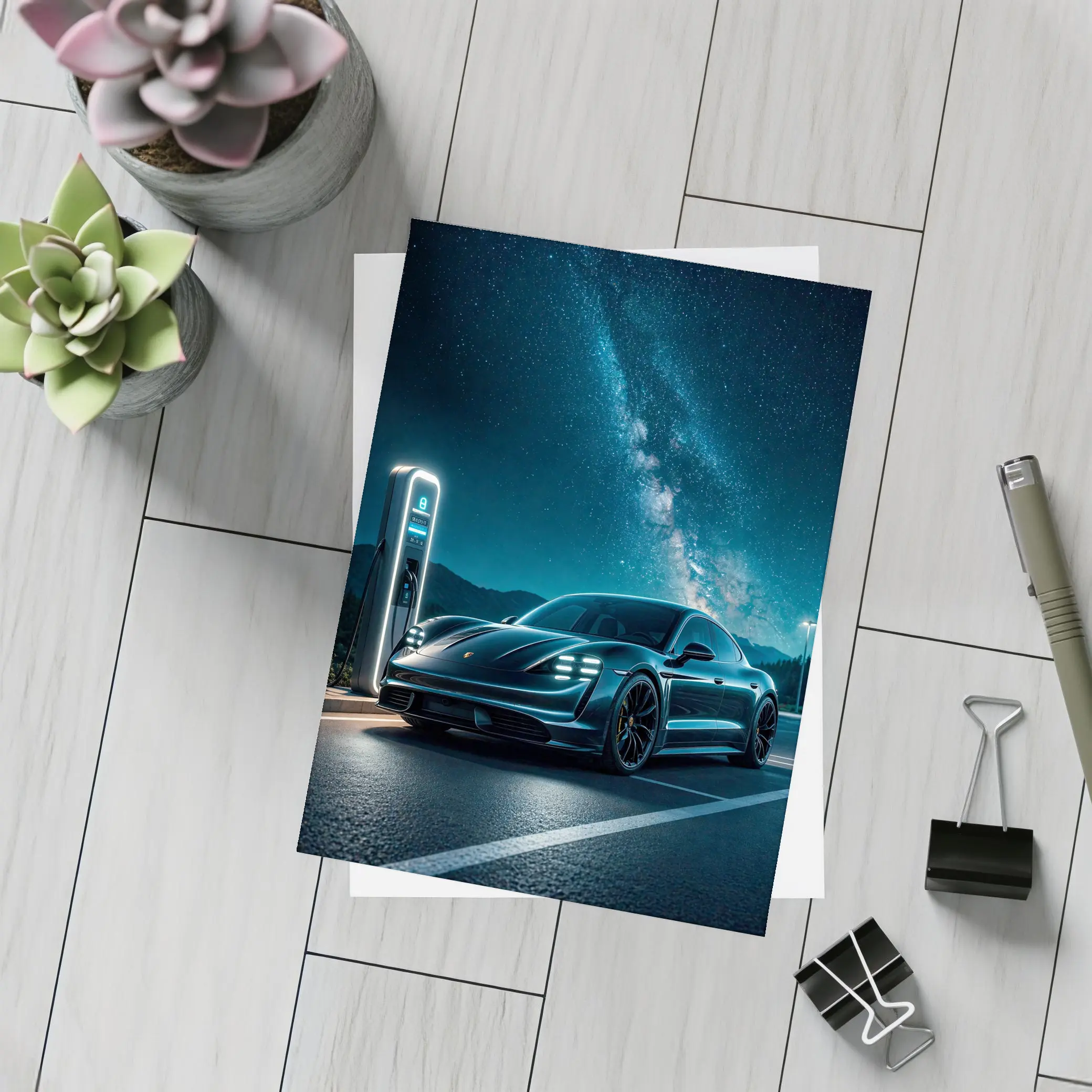 Porsche Taycan Charging Under Milky Way Night – Postcards