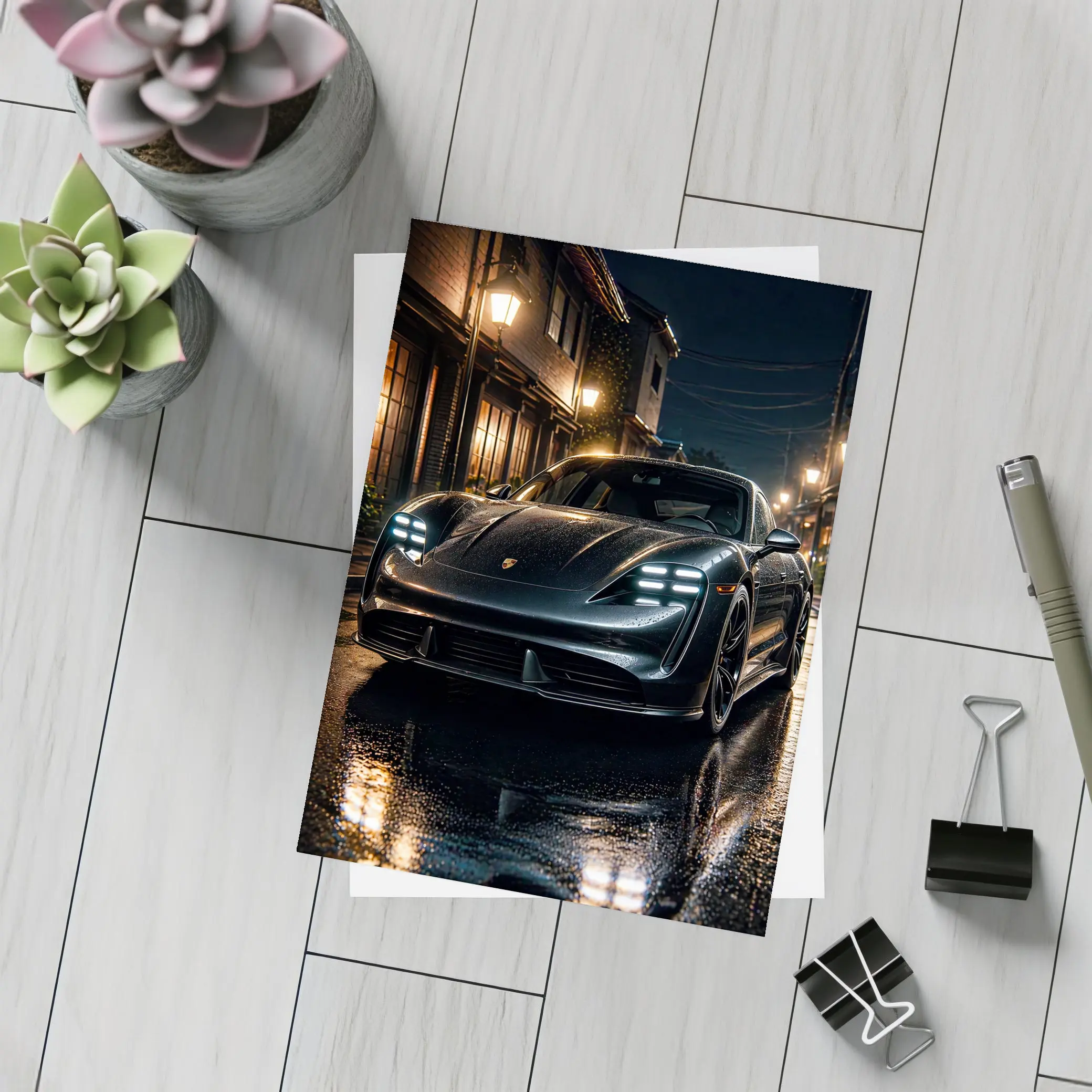 Porsche Taycan Night Wet Street Dark – Postcards