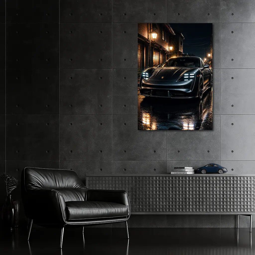 Porsche Taycan Night Wet Street Dark – Wall Art