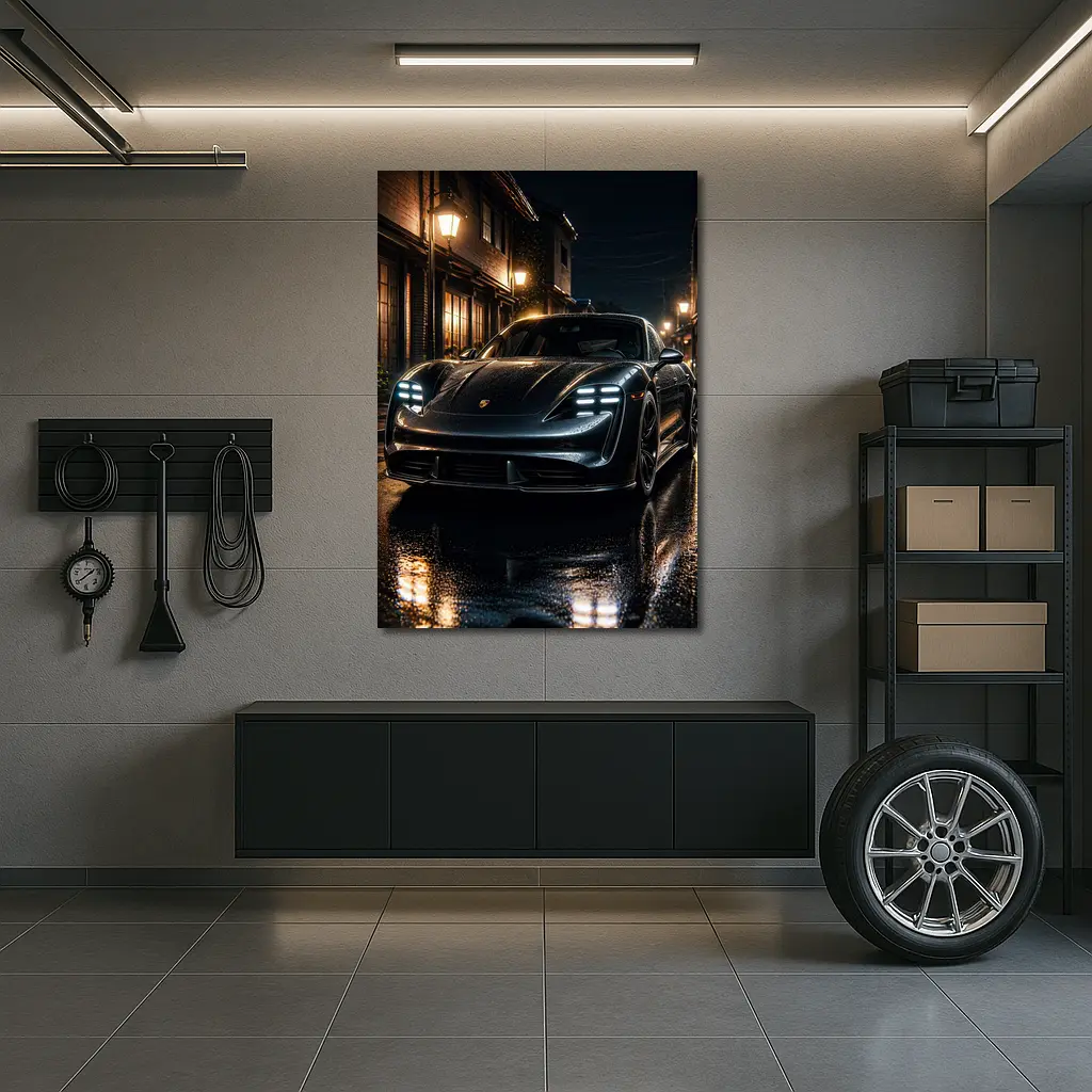 Porsche Taycan Night Wet Street Dark – Wall Art