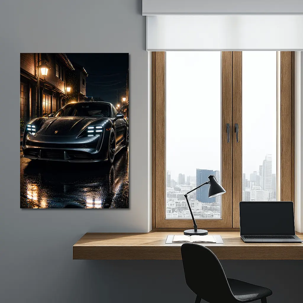 Porsche Taycan Night Wet Street Dark – Wall Art