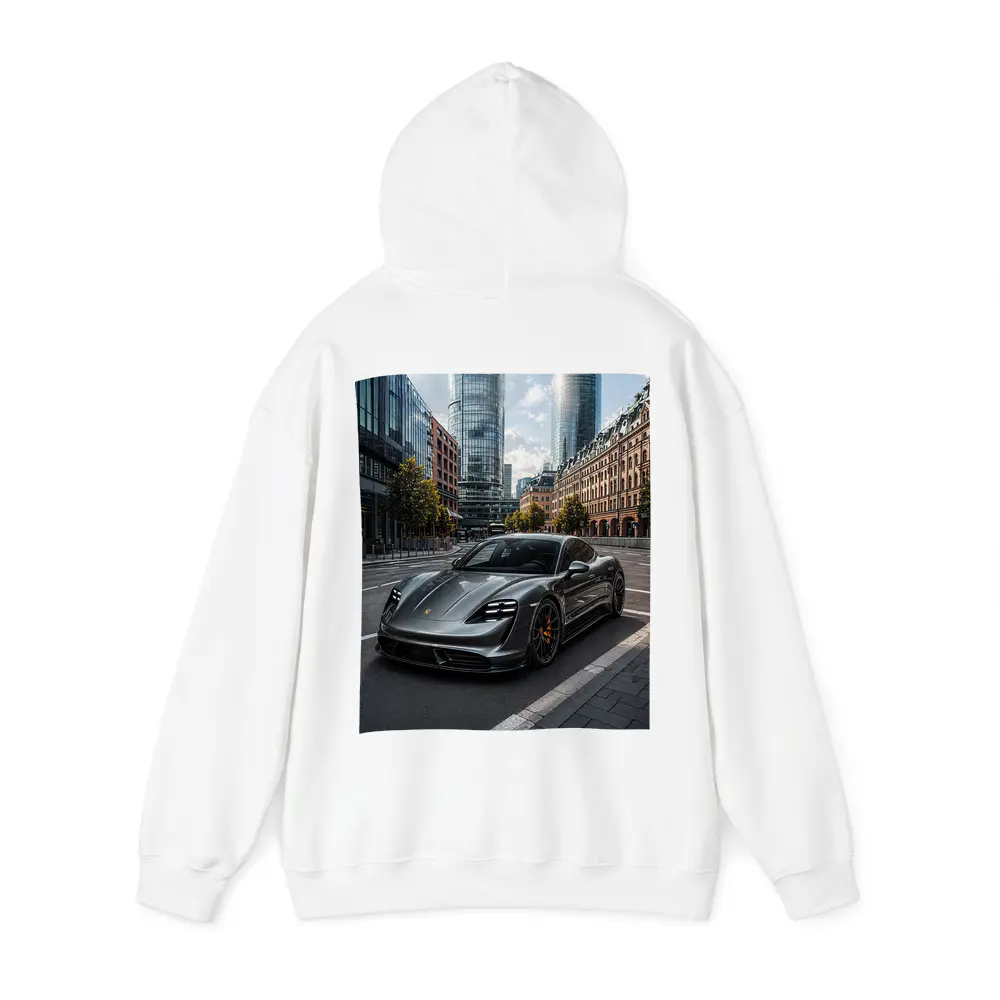 Porsche Taycan Gray City Street Modern Buildings – Hoodies