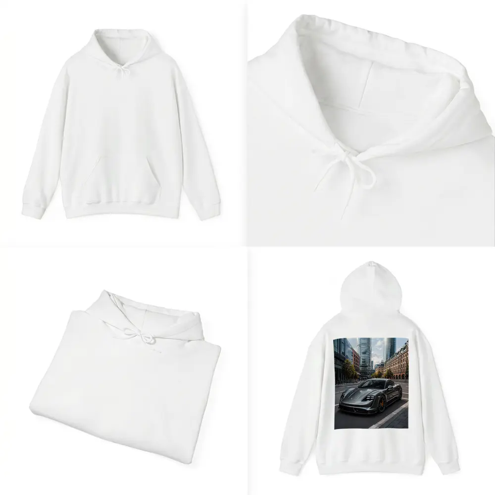 Porsche Taycan Gray City Street Modern Buildings – Hoodies