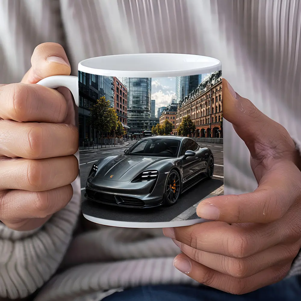 Porsche Taycan Gray City Street Modern Buildings – Mugs