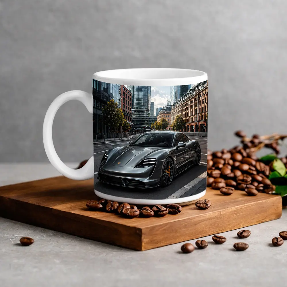 Porsche Taycan Gray City Street Modern Buildings – Mugs
