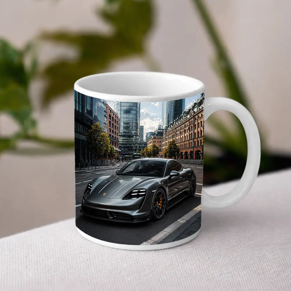 Porsche Taycan Gray City Street Modern Buildings – Mugs