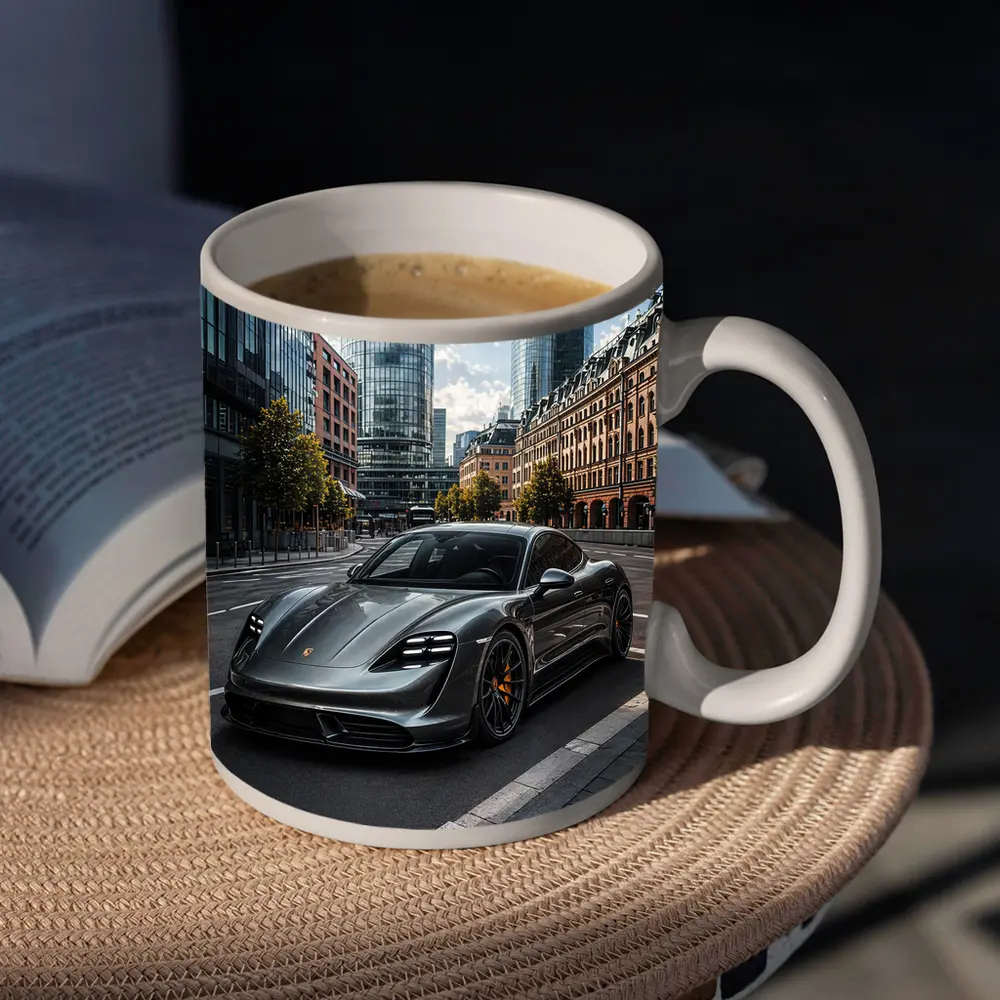 Porsche Taycan Gray City Street Modern Buildings – Mugs