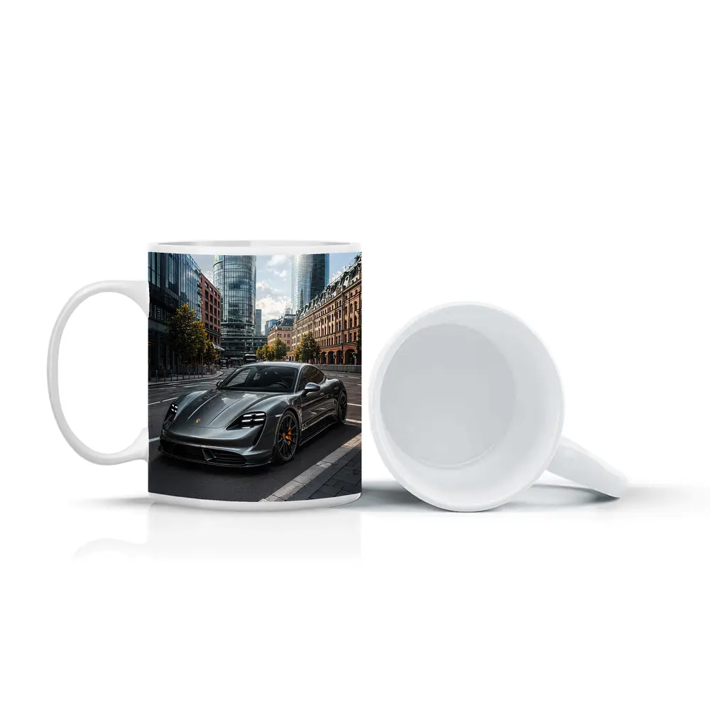 Porsche Taycan Gray City Street Modern Buildings – Mugs