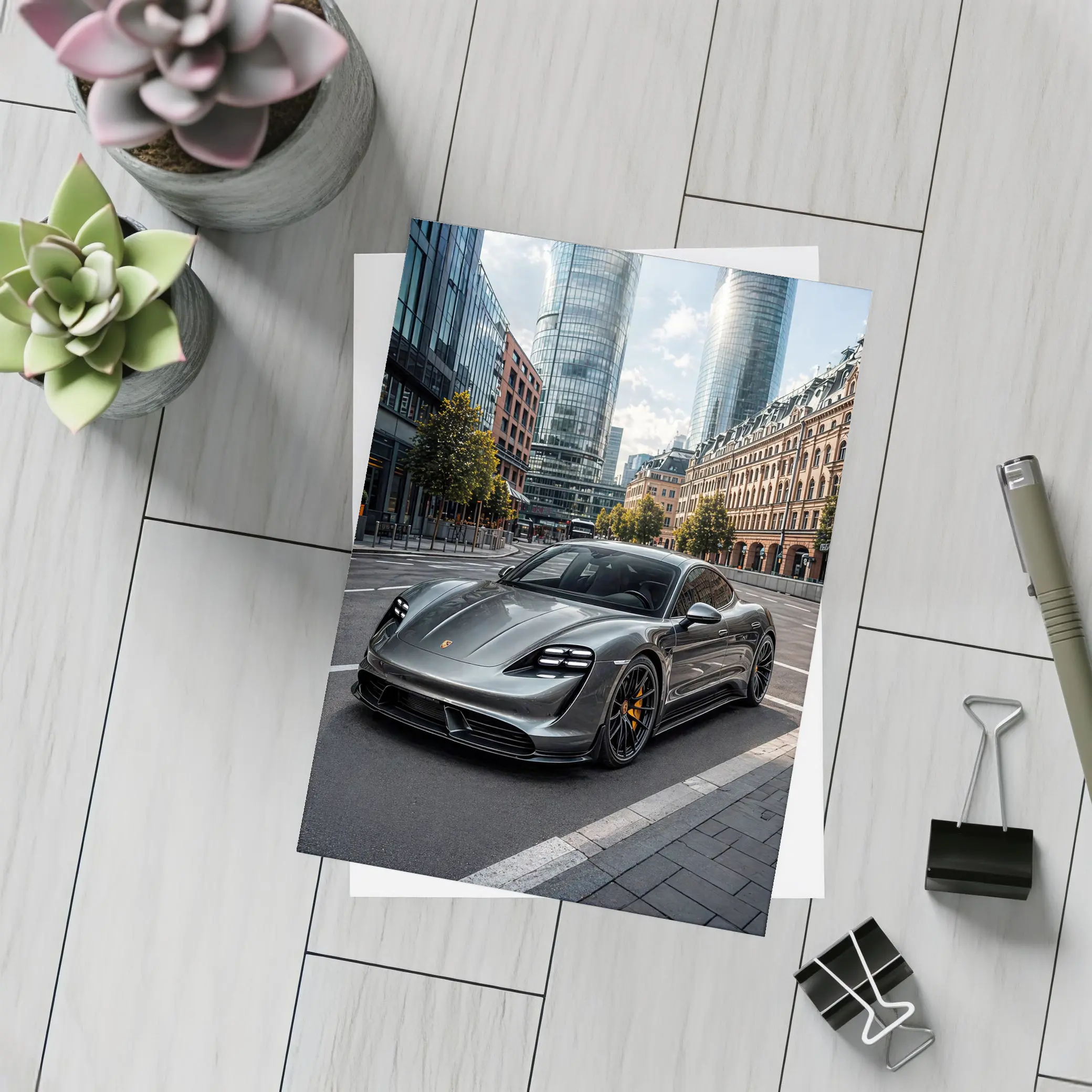 Porsche Taycan Gray City Street Modern Buildings – Postcards