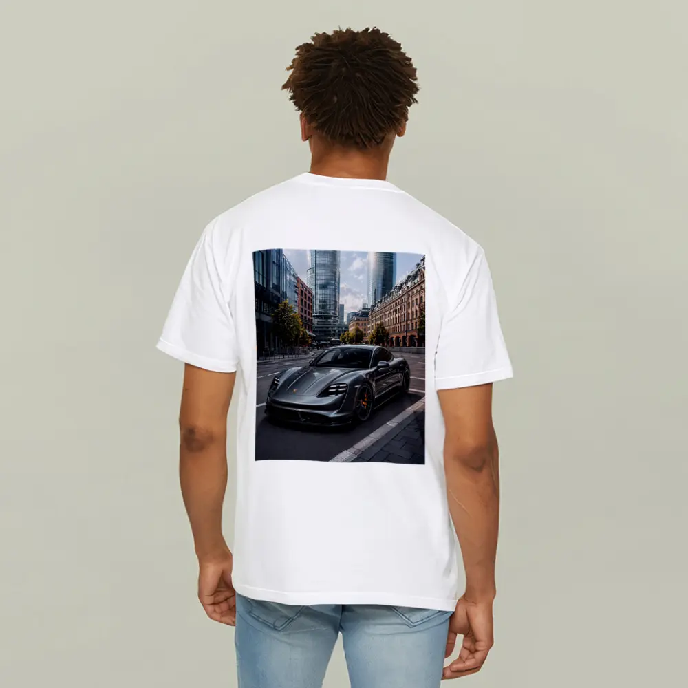 Porsche Taycan Gray City Street Modern Buildings – T-Shirts