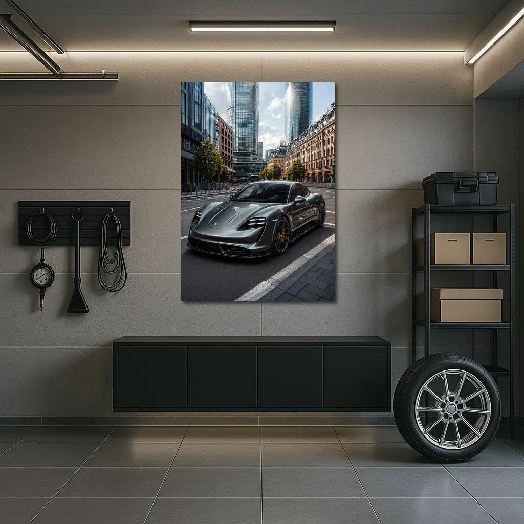 Porsche Taycan Gray City Street Modern Buildings – Wall Art