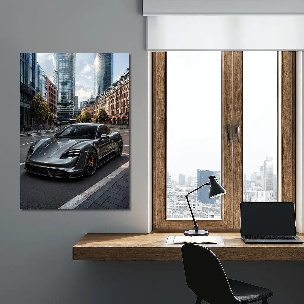 Porsche Taycan Gray City Street Modern Buildings – Wall Art