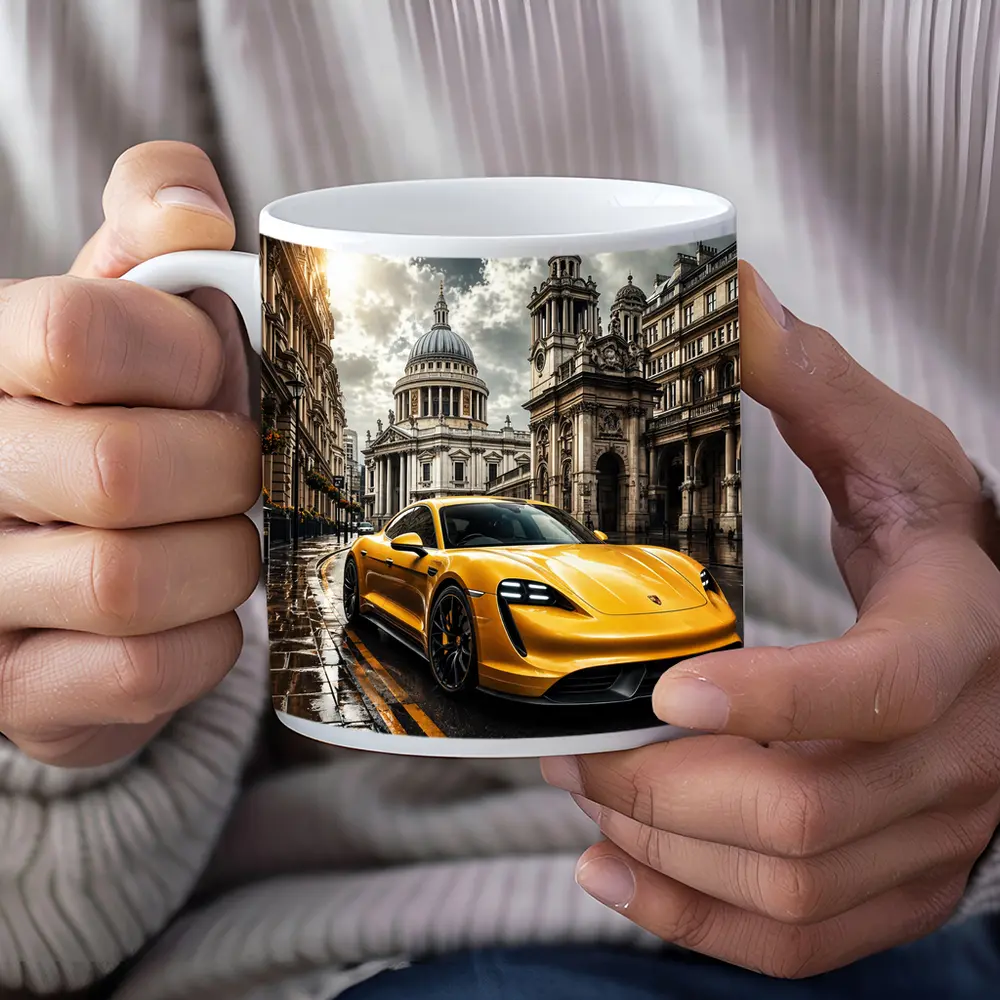 Porsche Taycan Yellow Sports Car London Street – Mugs