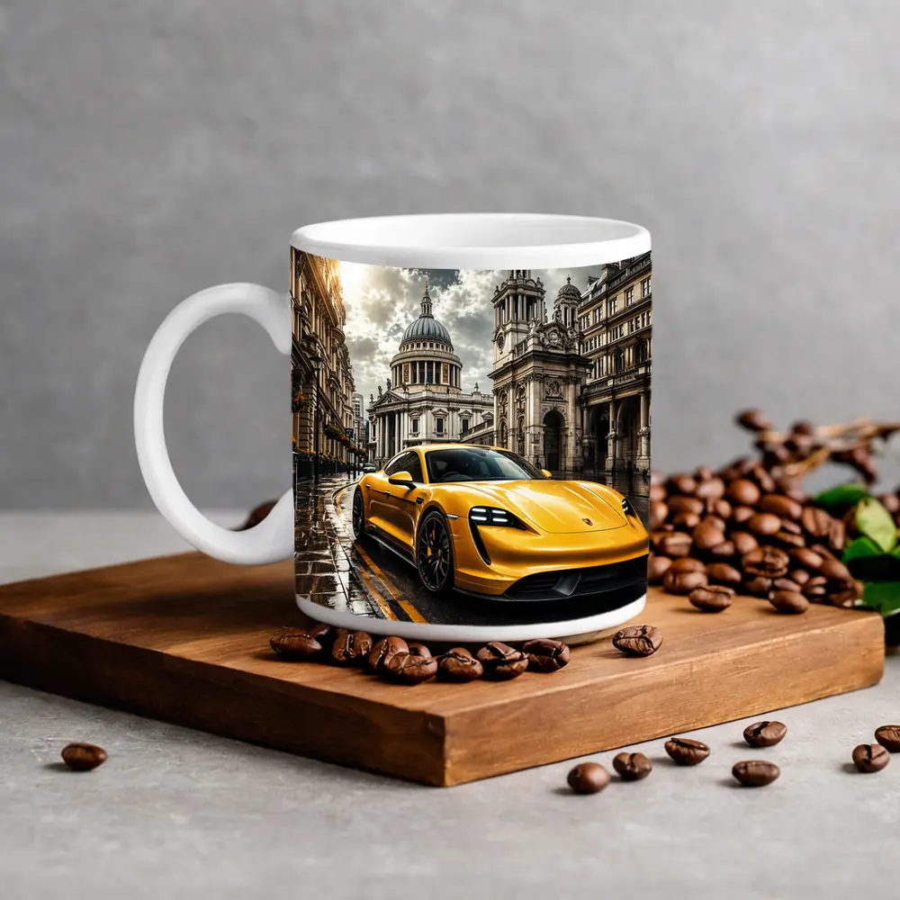 Porsche Taycan Yellow Sports Car London Street – Mugs