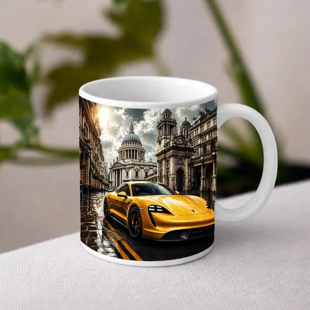 Porsche Taycan Yellow Sports Car London Street – Mugs