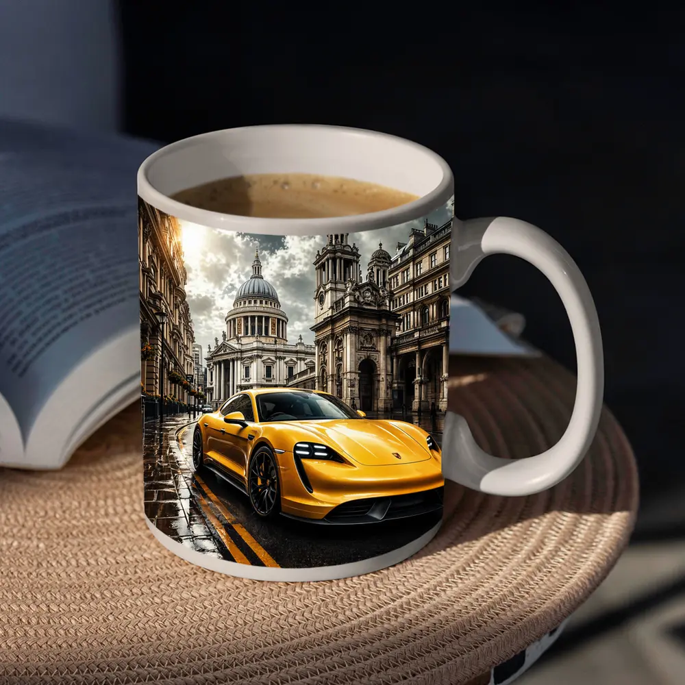 Porsche Taycan Yellow Sports Car London Street – Mugs