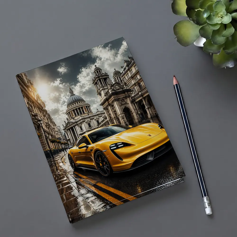 Porsche Taycan Yellow Sports Car London Street – Notebooks