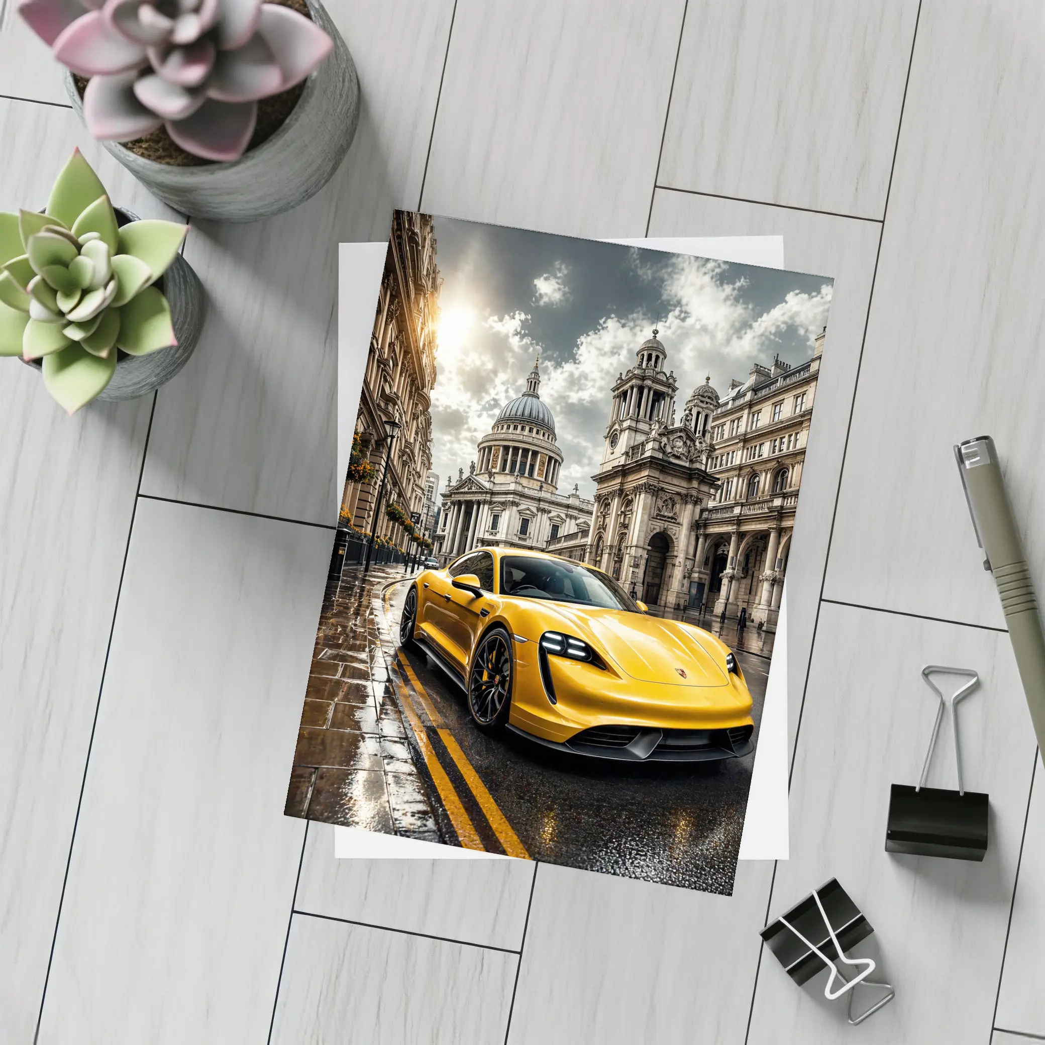 Porsche Taycan Yellow Sports Car London Street – Postcards