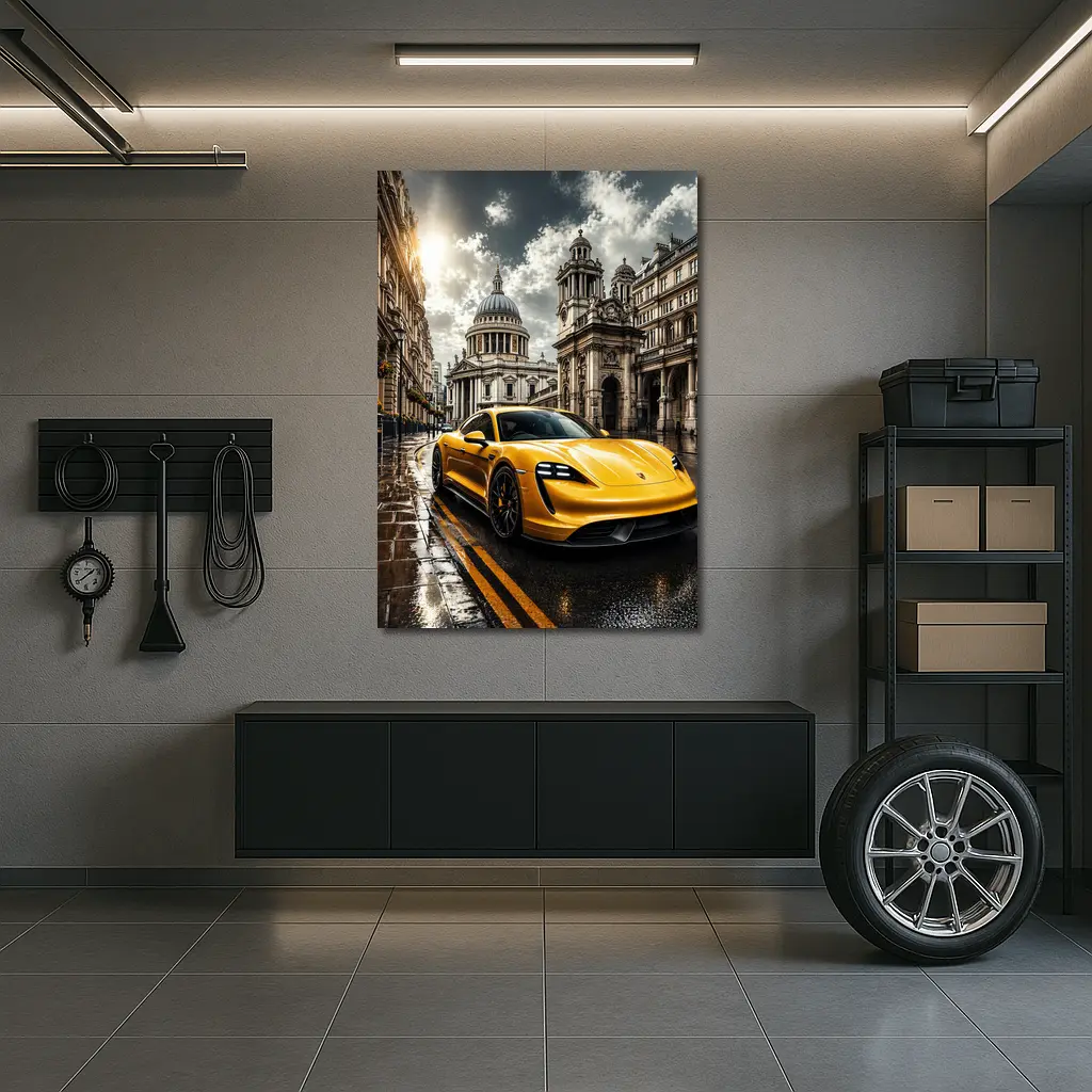 Porsche Taycan Yellow Sports Car London Street – Wall Art