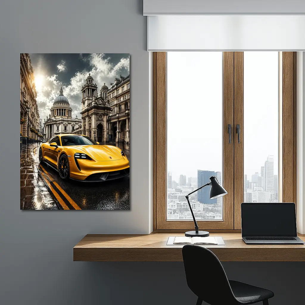 Porsche Taycan Yellow Sports Car London Street – Wall Art