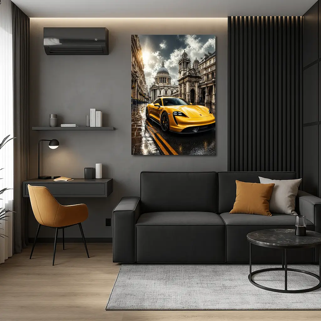 Porsche Taycan Yellow Sports Car London Street – Wall Art