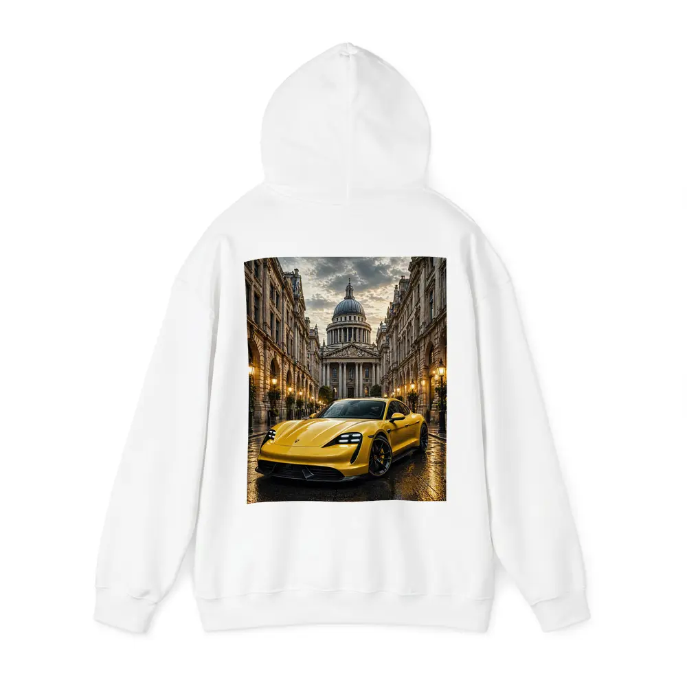 Yellow Porsche Taycan On Wet City Street – Hoodies