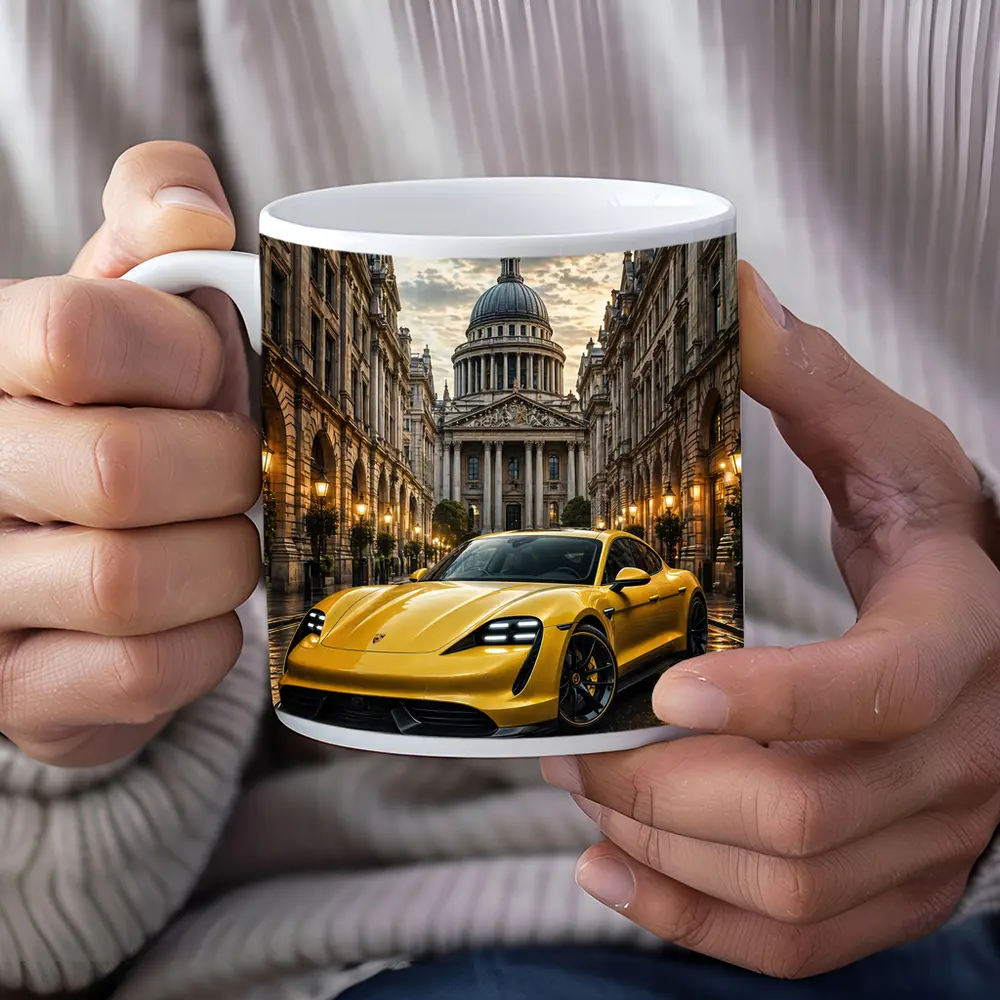 Yellow Porsche Taycan On Wet City Street – Mugs