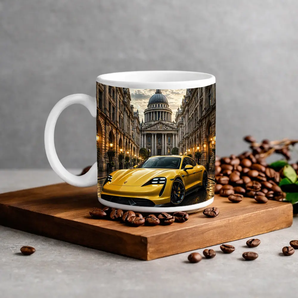Yellow Porsche Taycan On Wet City Street – Mugs