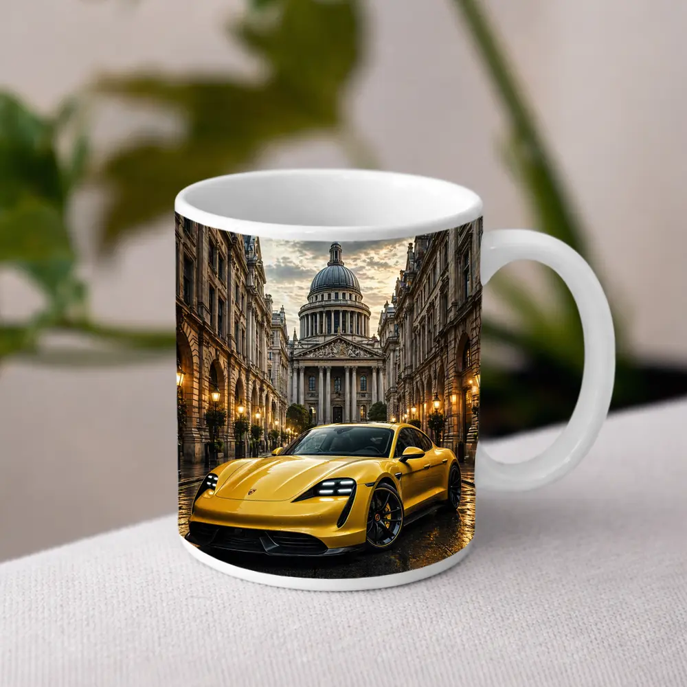 Yellow Porsche Taycan On Wet City Street – Mugs