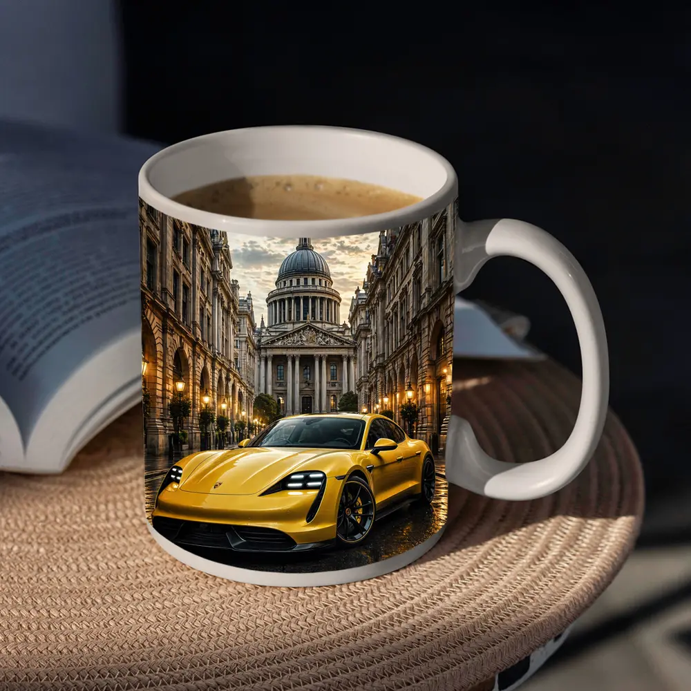 Yellow Porsche Taycan On Wet City Street – Mugs
