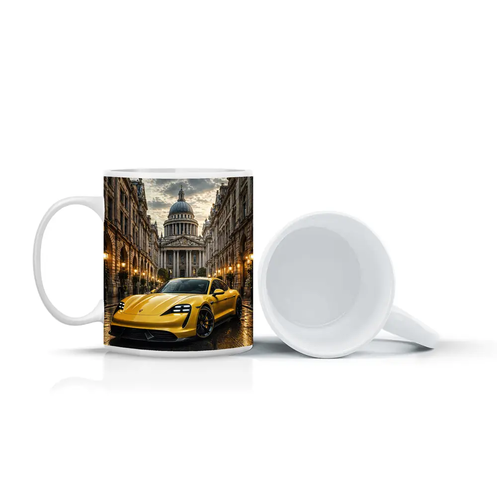 Yellow Porsche Taycan On Wet City Street – Mugs
