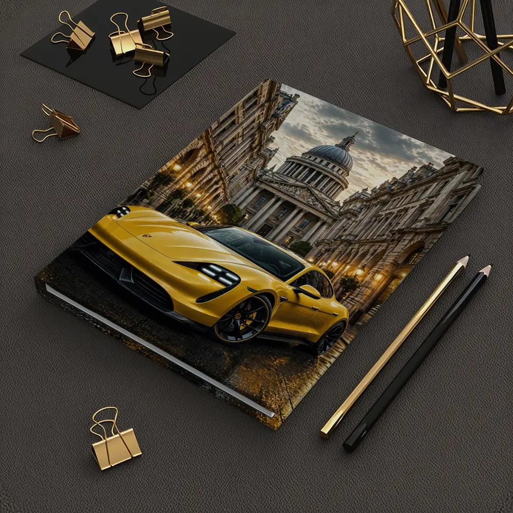 Yellow Porsche Taycan On Wet City Street – Notebooks