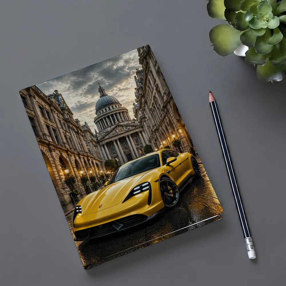 Yellow Porsche Taycan On Wet City Street – Notebooks