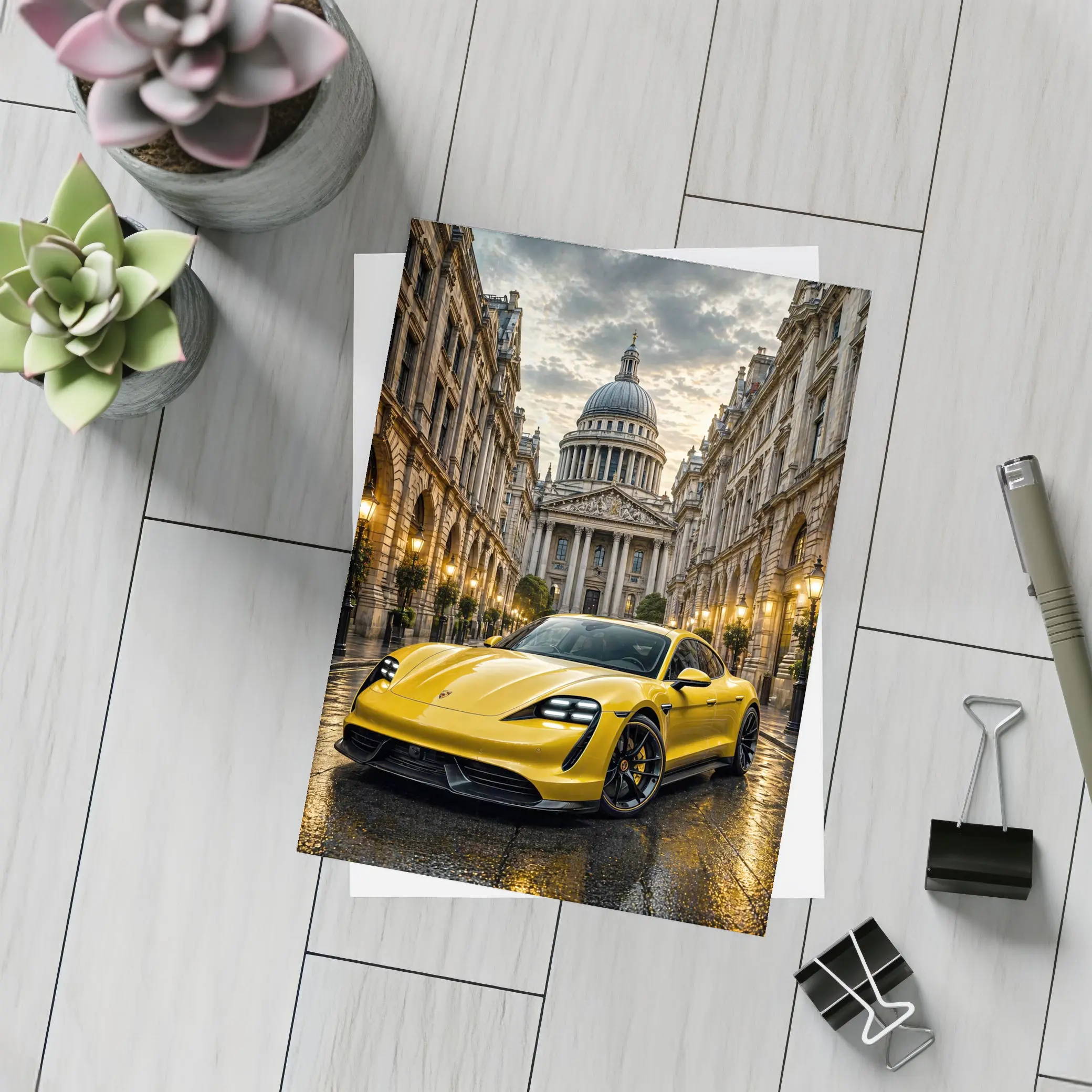 Yellow Porsche Taycan On Wet City Street – Postcards
