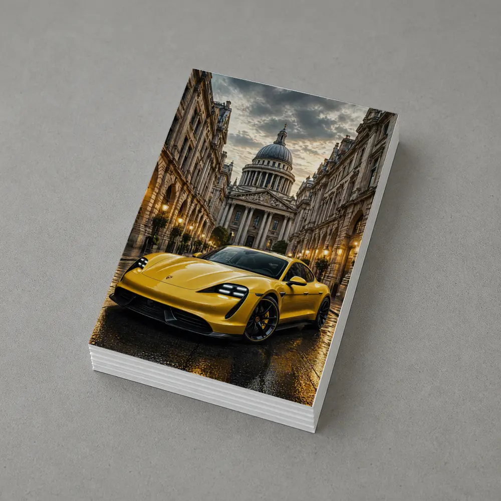 Yellow Porsche Taycan On Wet City Street – Postcards