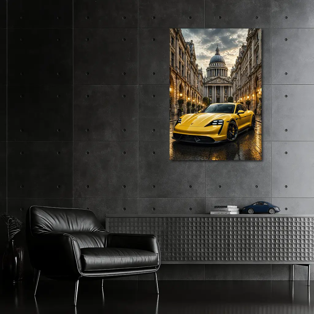 Yellow Porsche Taycan On Wet City Street – Wall Art