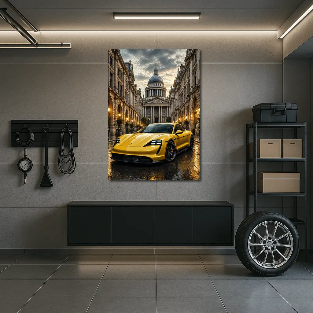 Yellow Porsche Taycan On Wet City Street – Wall Art