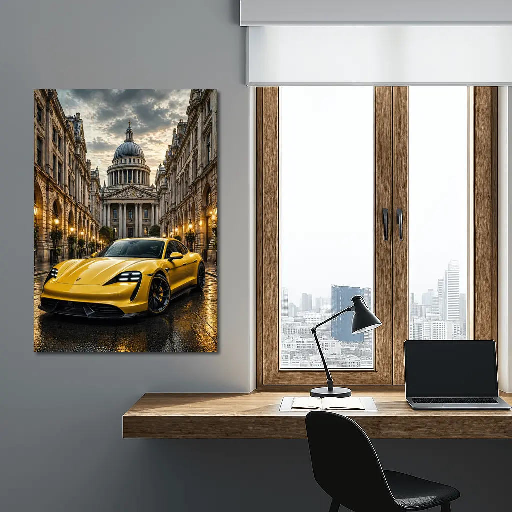 Yellow Porsche Taycan On Wet City Street – Wall Art