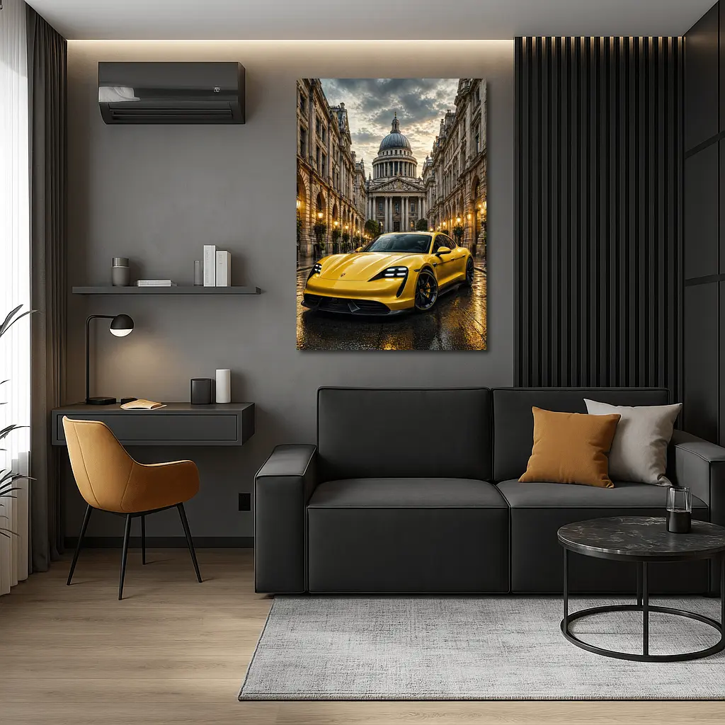 Yellow Porsche Taycan On Wet City Street – Wall Art