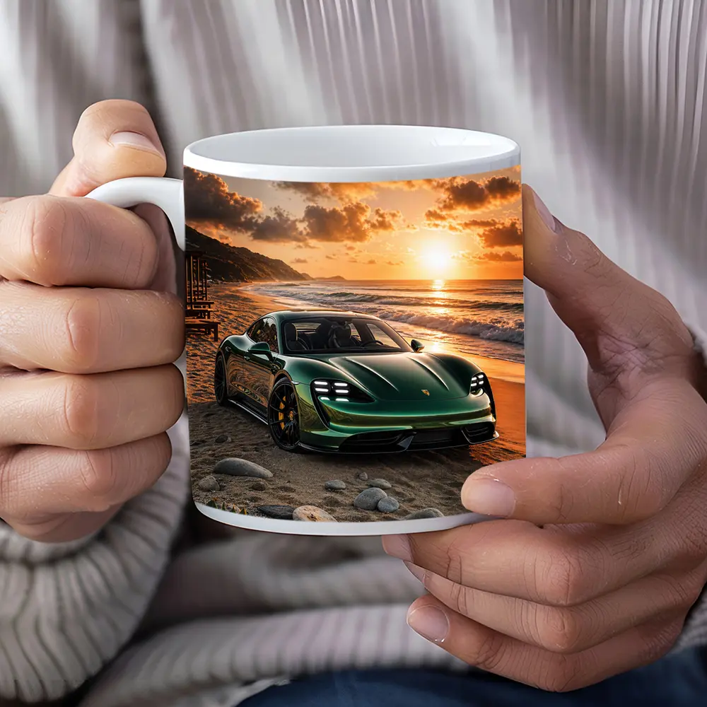 Porsche Taycan Green on Sunset Beach – Mugs